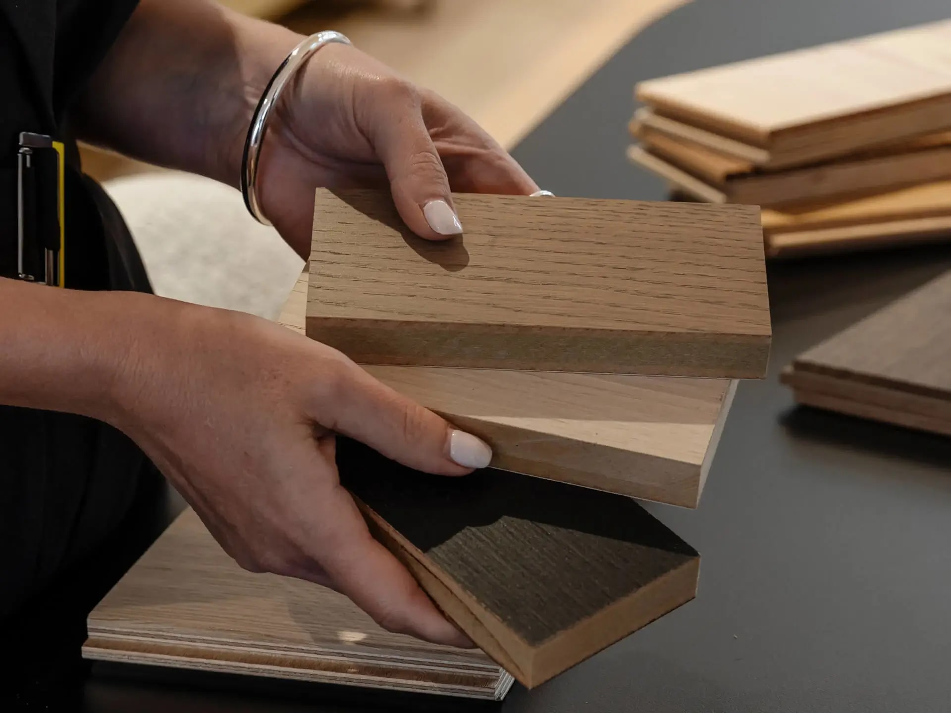 Looking at wood flooring samples in the Havwoods Brisbane showroom.